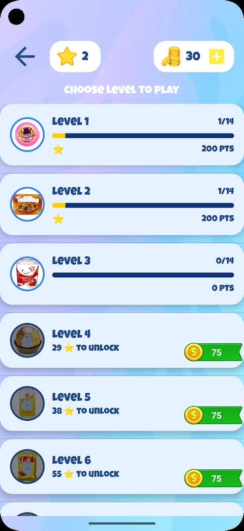 Food Quiz: choose a level